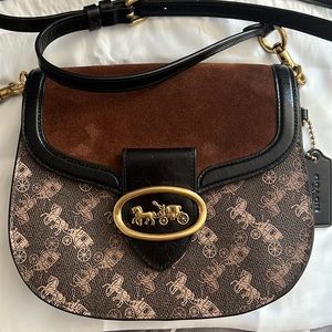 COACH Kate Saddle Bag Cross Body Bag Suede Brown Horse and Carriage Print